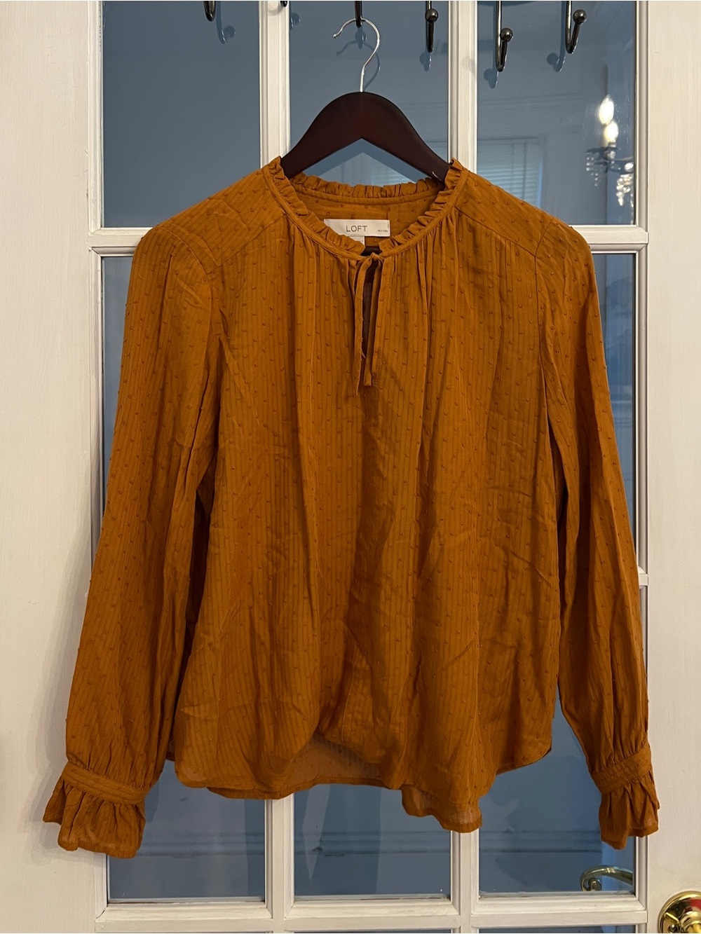 LOFT Women’s Petite Rust Orange Swiss Dot Ruffle Tie Neck Blouse MP
